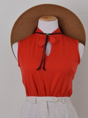 Vintage 70s Orange-Red Polyester Sleeveless Top by Donovan Galvani